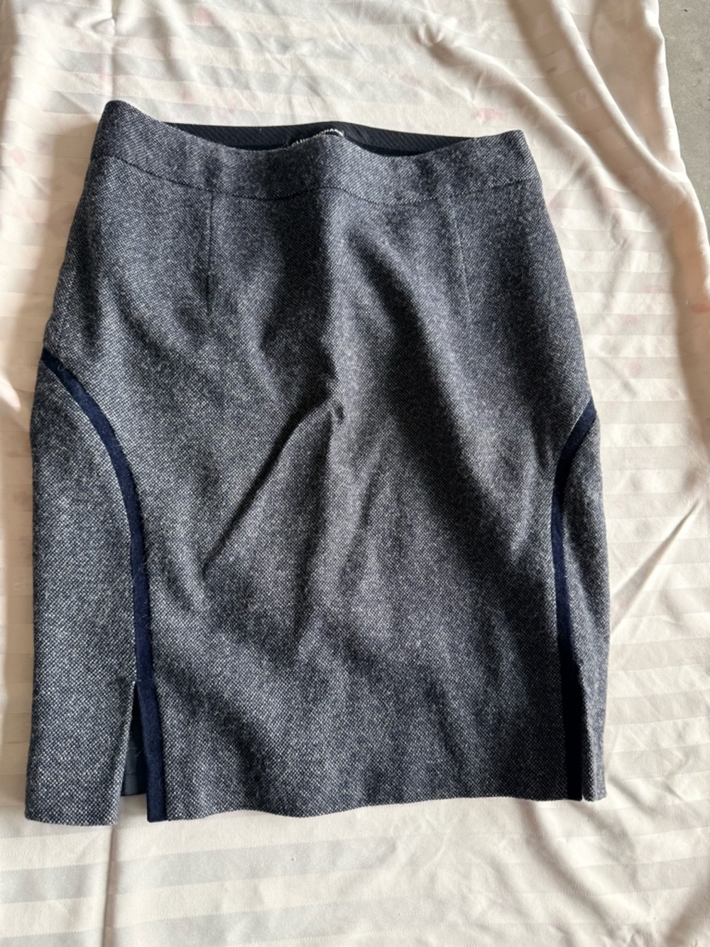 Tailored Gray Pencil Skirt with Navy Velvet Trim